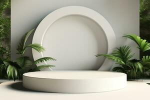 Empty round white podium, stage, pedestal for goods and objects photo