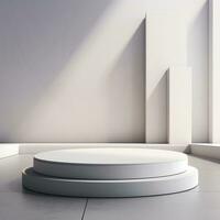 Empty round white podium, stage, pedestal for goods and objects photo