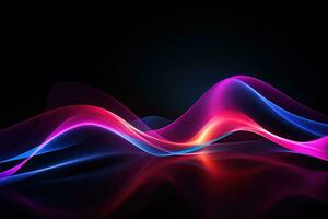 Dark abstract neon background, pink blue waves photo