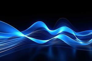 Dark abstract neon background, bright blue waves photo