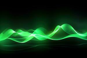 Dark abstract neon background, bright green waves photo