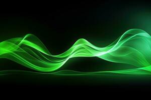 Dark abstract neon background, bright green waves photo