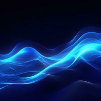 Dark abstract neon background, bright blue waves photo