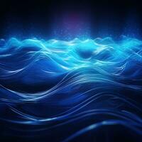 Dark abstract neon background, bright blue waves photo