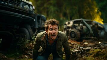 Screaming man sitting in front of broken off-road car at junk. photo