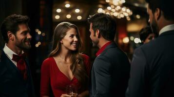 Young couple and friends in formalwear with wine glasses celebrating in public place, communicating and smiling while spending time on luxury party, looking at each other. photo