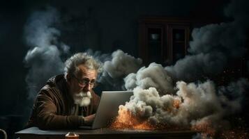 Old man working on a laptop at night with a lot of smoke. Sad senior is difficult to work with the latest technologies. photo