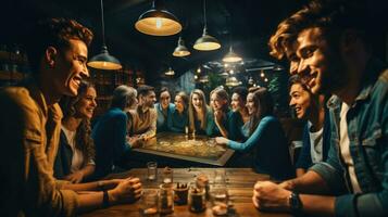 Group of young millenial people sitting in a pub. Millenials life style concept. photo