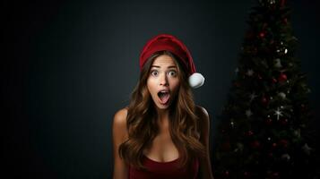 sorprendido joven sexy mujer en Papa Noel claus sombrero terminado Navidad árbol antecedentes. foto