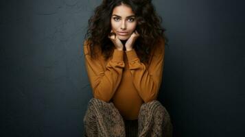 Portrait of a beautiful young woman with long curly hair in a brown sweater, minimal makeup, looks calmly at camera, being deep in thoughts on a gray background. photo