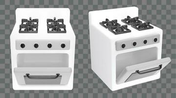 3d open door oven in isolated cooker stove vector icon. Realistic cooking interior appliance for home front and side view. Perspective display heater design clipart set for culinary bake