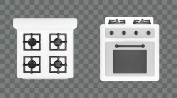 3d white kitchen stove with oven isolated above and front view. Realistic gas cooking kitchenware mockup. Modern glossy plastic burner heater element clipart collection with black handle in apartment vector