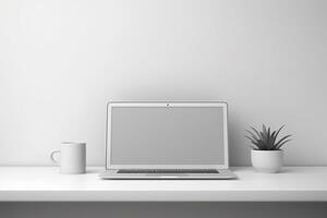 3d rendered white office table chair and blank empty laptop mockup modern interior ai generative photo