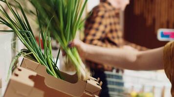 vendedor trabajando en cero residuos supermercado rellenado estantería con Fresco producir, cerca arriba. Encargado de tienda estantería granja crecido vegetales en ambientalmente simpático local barrio Tienda video