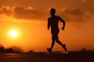 silueta de un joven aptitud hombre corriendo en amanecer ai generativo foto