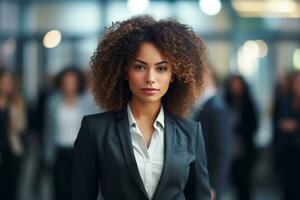 un africano americano mujer soportes con su brazos cruzado ai generativo foto