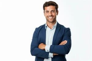 A business man stands against white background with his arms crossed. ai generative photo