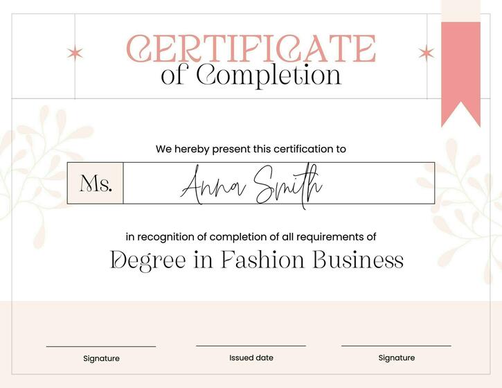 Pink Modern Minimalist for Fashion Business Degree Certificate