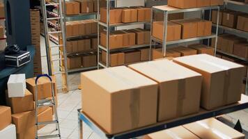 Empty warehouse with office desk space and shelves, storage room used for merchandise and shipping goods to clients. Startup development plan to ship products, stock distribution. photo