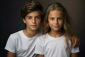 boy with girl in white shirt standing on a grey background ai generative photo