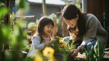 sonriente madre y hija tomar cuidado de flores mientras jardinería a granja ai generado foto