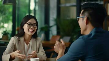 asiático joven mujer vistiendo anteojos, sonriente y ondulación a su amigo ai generado foto