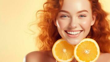 Beautiful Joyful teen model girl takes Juicy oranges slices with funny red hairstyle and professional make up AI Generated photo