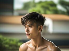 retrato de un hermoso hombre posando al aire libre. foto