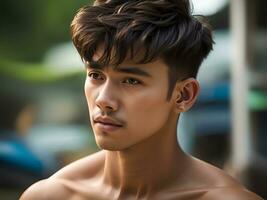 portrait of a handsome man posing outdoors. photo