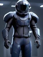 futuristic sci fi alien in black suit photo