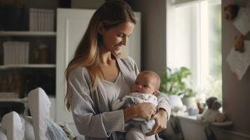 Happy smile mother takes care and hold her cute baby, selective focus AI Generated photo