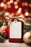 Christmas gift box with blank tag mockup and blur bokeh light AI Generated photo