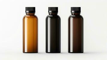 Black, White and Amber bottles glass mockup template isolated on white background AI Generated photo