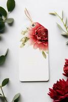 moderno regalo etiqueta burlarse de arriba con rojo flor Perfecto para Boda ai generado foto