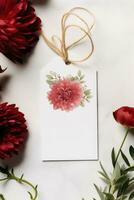 moderno regalo etiqueta burlarse de arriba con rojo flor Perfecto para Boda ai generado foto