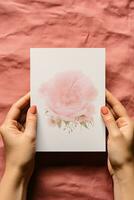 Vertical Mockup Card in Hands for invitation, Wedding, Card or Postcard Mockup AI Generated photo