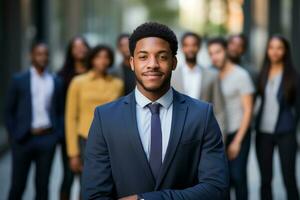 An African businessman in a suit with and a group of people in the background team leader concept ai generative photo