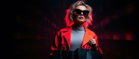 Woman in neon light cyberpunk dark background with shopping bags in black friday, cyber monday sales concept AI Generated photo