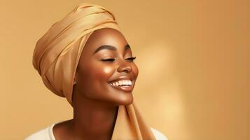 Smiling african woman model with headscarf looking away on beige background with copyspace AI Generated photo