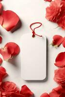 moderno blanco enamorado regalo etiqueta Bosquejo con rojo Rosa hojas pétalos ai generado foto