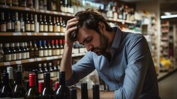 Drunk and depressed sad young man suffer from headache and alcohol withdrawal AI Generated photo