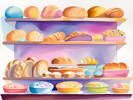 bakery products and pastries in the bakery shop. photo