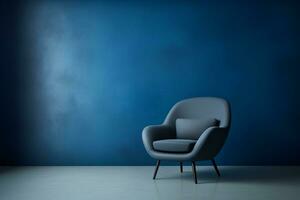 3d prestados azul silla en contra azul pared en vivo habitación interior con Copiar espacio ai generativo foto
