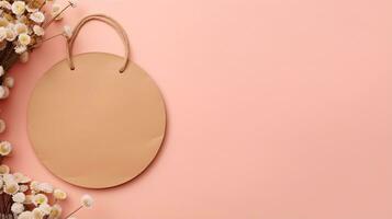 Round blank brown paper circle tag kraft mockup with pink flower background AI Generated photo