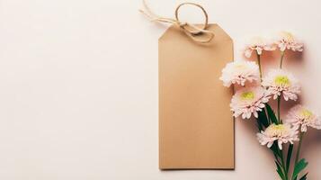 Rectangle blank brown paper card kraft label tag mockup with pink flower background AI Generated photo