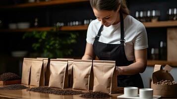 Woman hands seal coffee bean bag packages ready for sales AI Generated photo