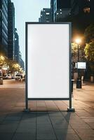 blanco burlarse de arriba de vertical calle póster cartelera en oscuridad noche para márketing o anuncio ai generado foto