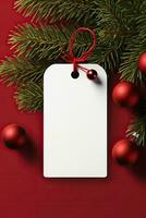 Modern Gift Tag for Christmas Holiday Mockup on red background AI Generated photo