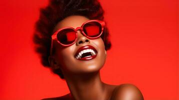 africano hermosa hembra modelo vistiendo miedoso elegante Gafas de sol, sonriente en rojo antecedentes con copyspace ai generado foto