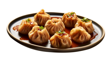 A plate of steaming hot momos isolated on png background